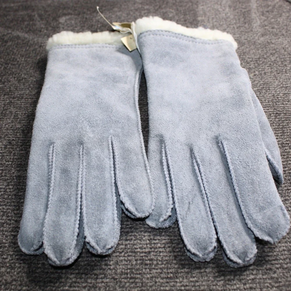 Fownes Leather Gloves Womens Small Blue New Vintage Borg Lined Suede Warm